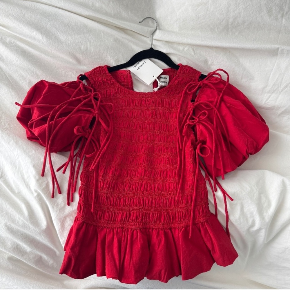 Red Smocked Puff Sleeve Blouse
